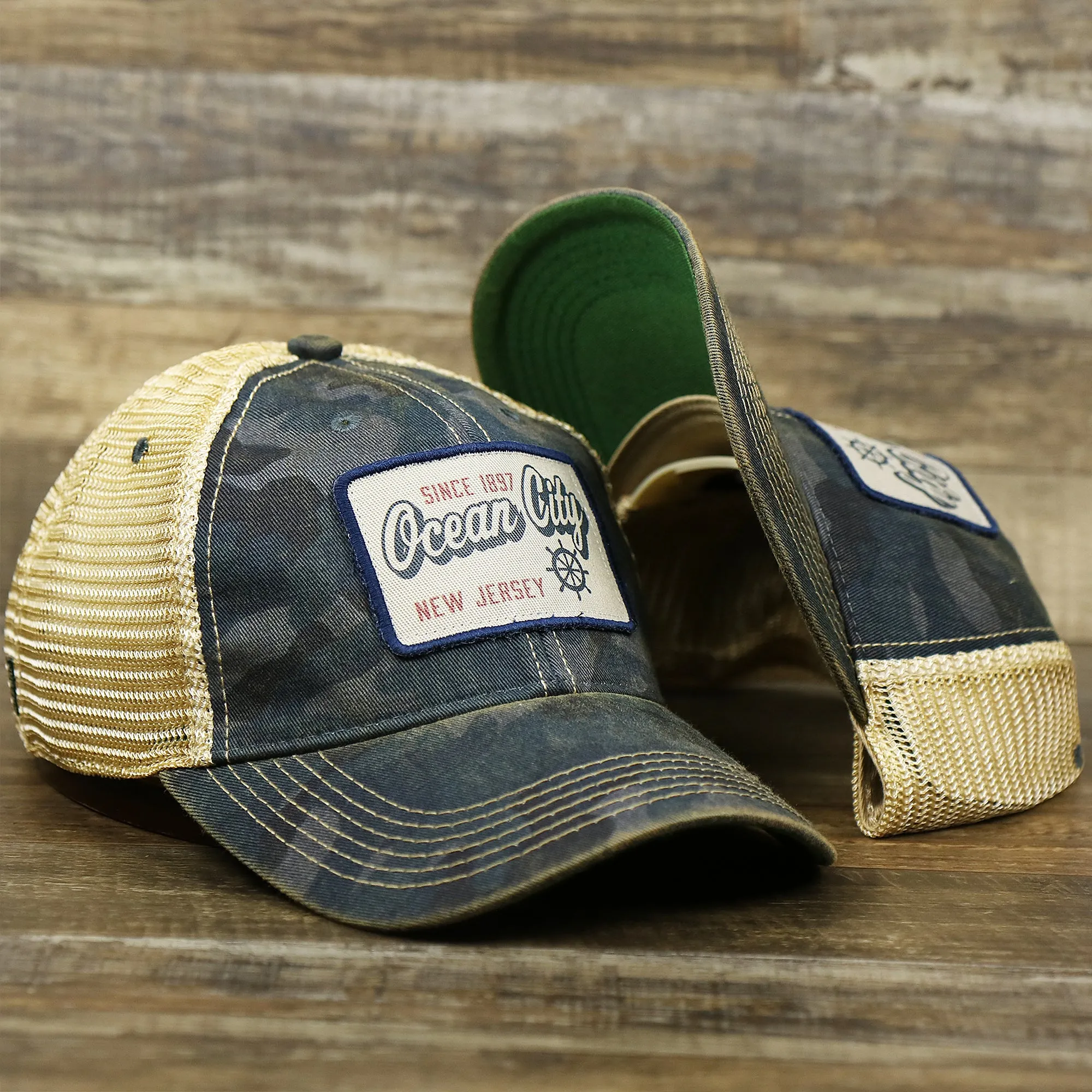 Ocean City New Jersey Since 1897 Helm Patch Camo Print Mesh Back Trucker Hat | Camo Navy Blue Trucker Hat