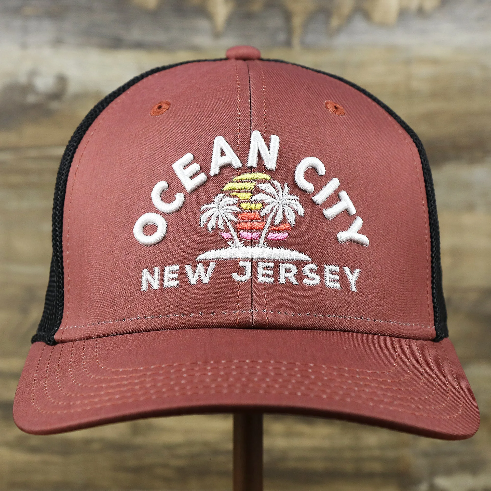 Ocean City Sunset Palm New Jersey Black Mesh Stretch Fit Hat | Burgundy And Black Stretch Fit Hat