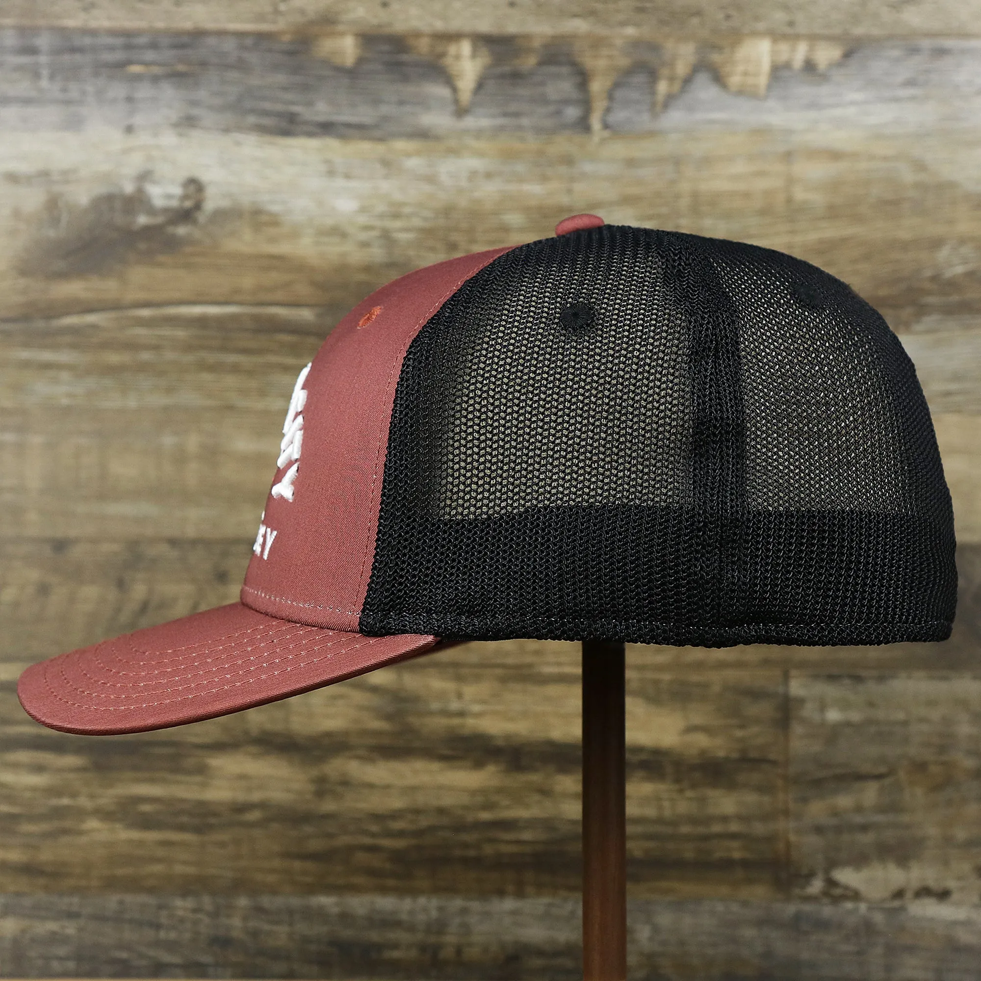 Ocean City Sunset Palm New Jersey Black Mesh Stretch Fit Hat | Burgundy And Black Stretch Fit Hat