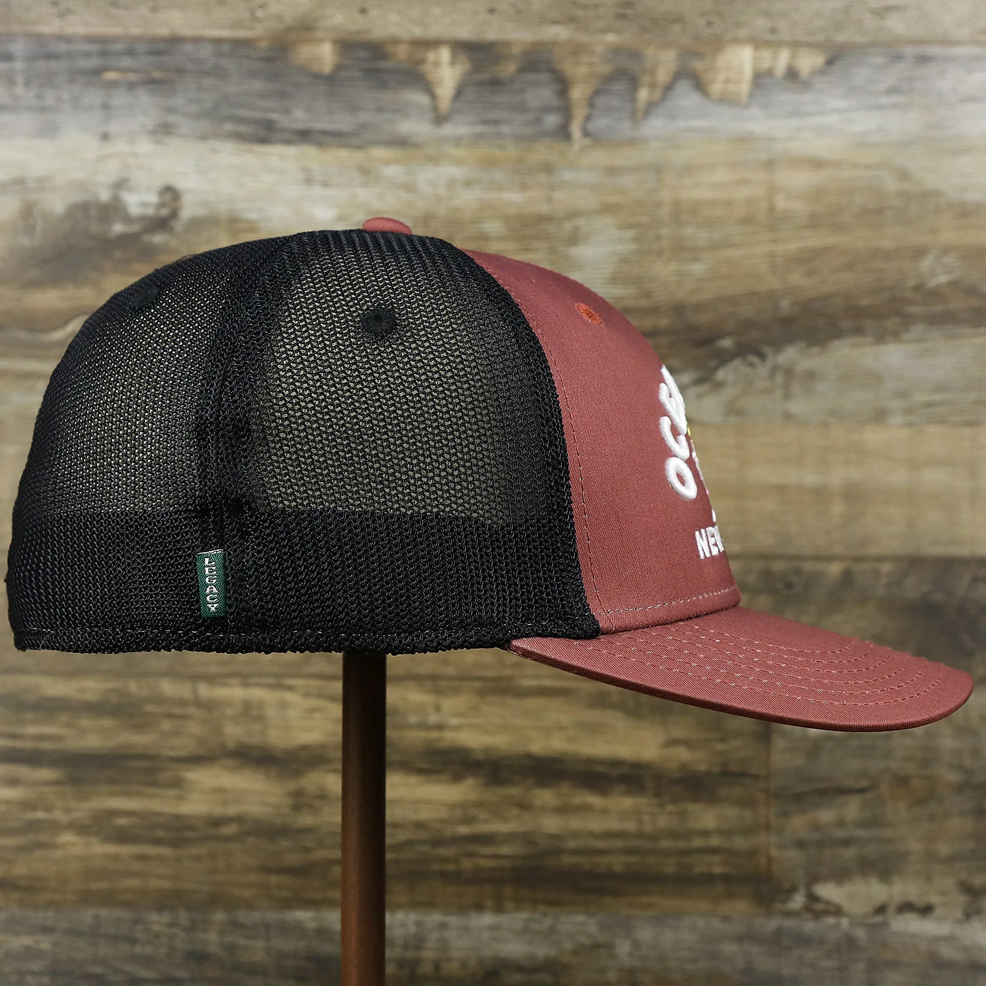 Ocean City Sunset Palm New Jersey Black Mesh Stretch Fit Hat | Burgundy And Black Stretch Fit Hat