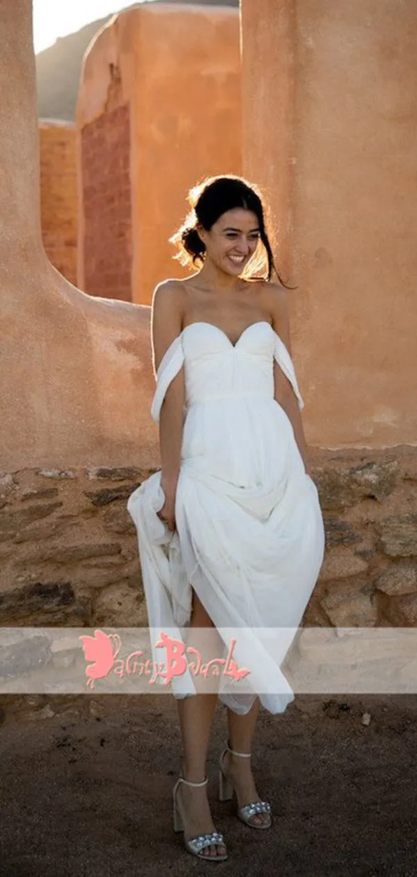 Off Shoulder Simple Chiffon Long A-line Beach Wedding Dresses,DB0146