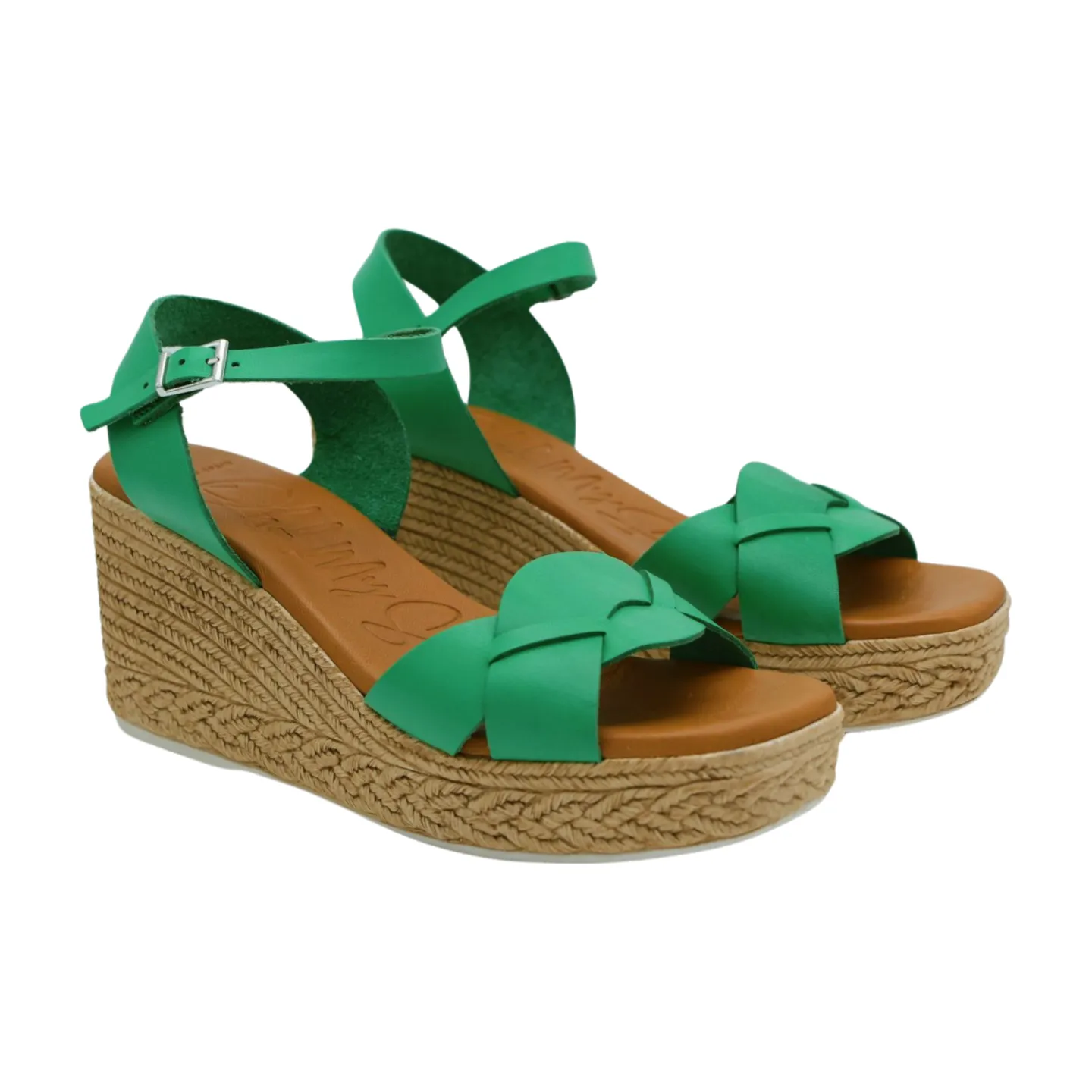 OH MY SANDALS Green Leather High Wedge Sandal