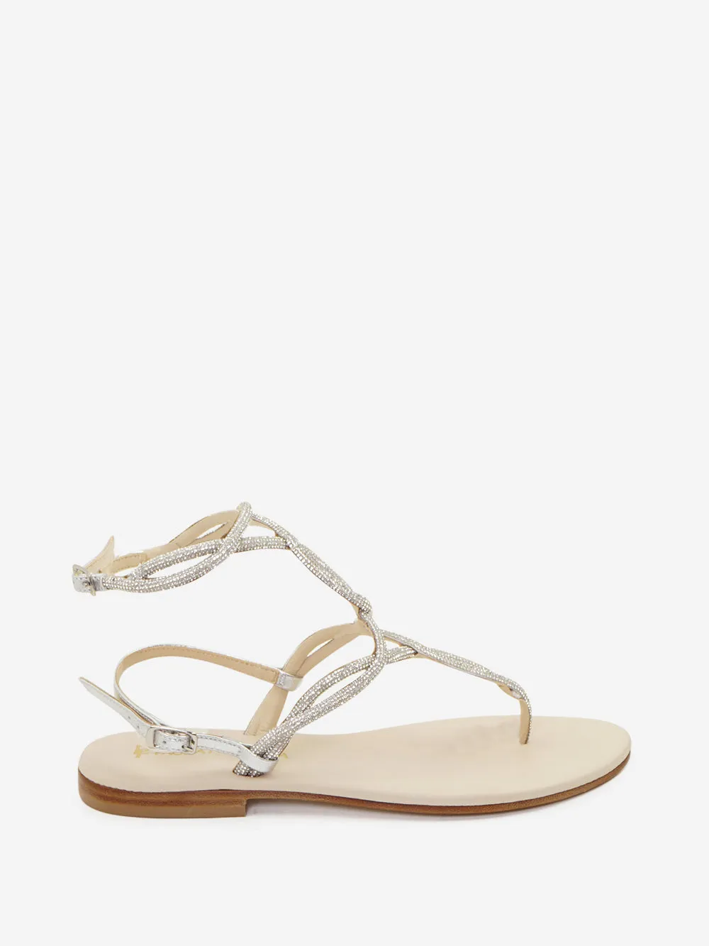 Paola fiorenza - Infradito in pelle con doppio cinturini con cristalli e fibbie metalliche