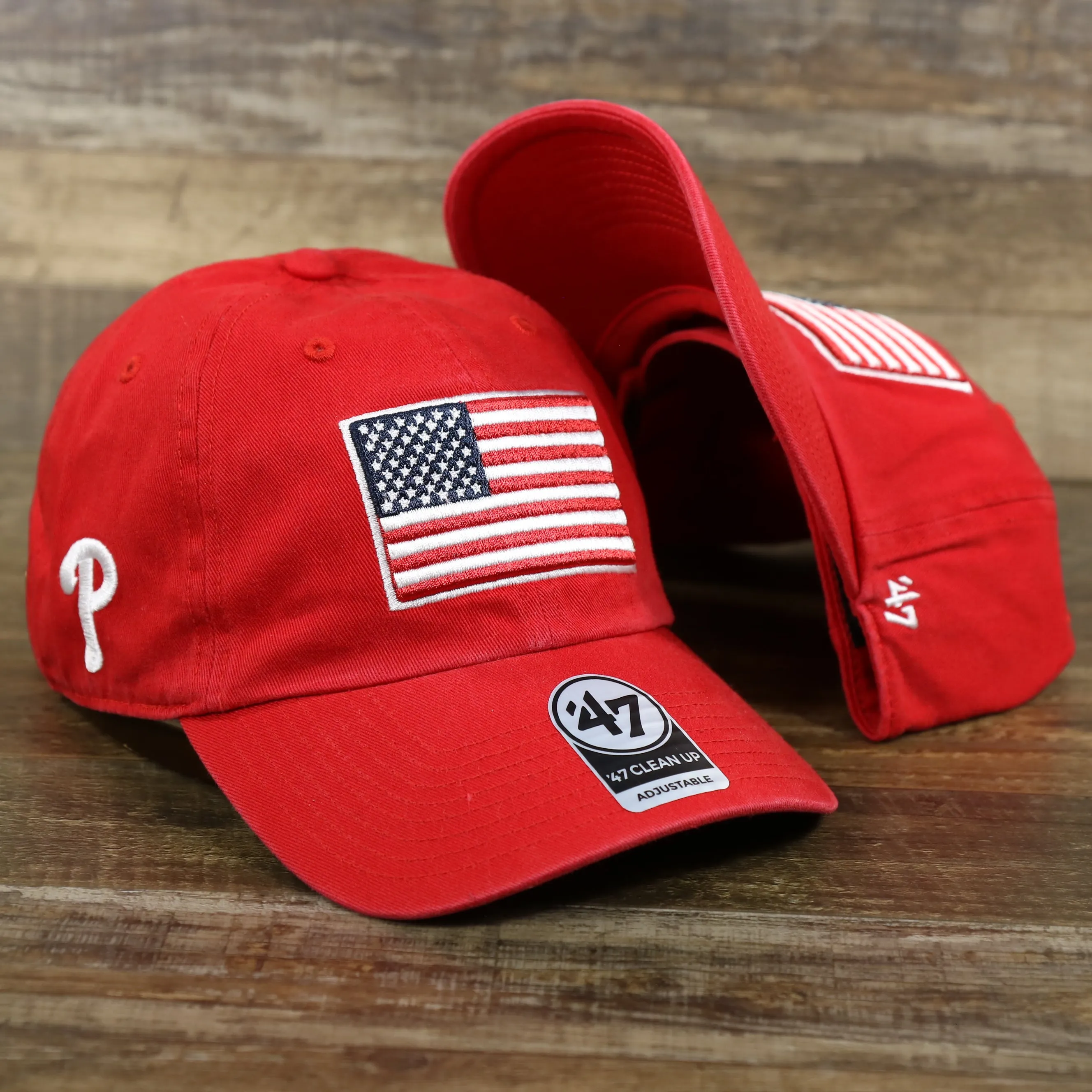 Philadelphia Phillies SIde Patch  USA Flag Front Logo Stars And Stripes Dad Hat | Red Dad Hat