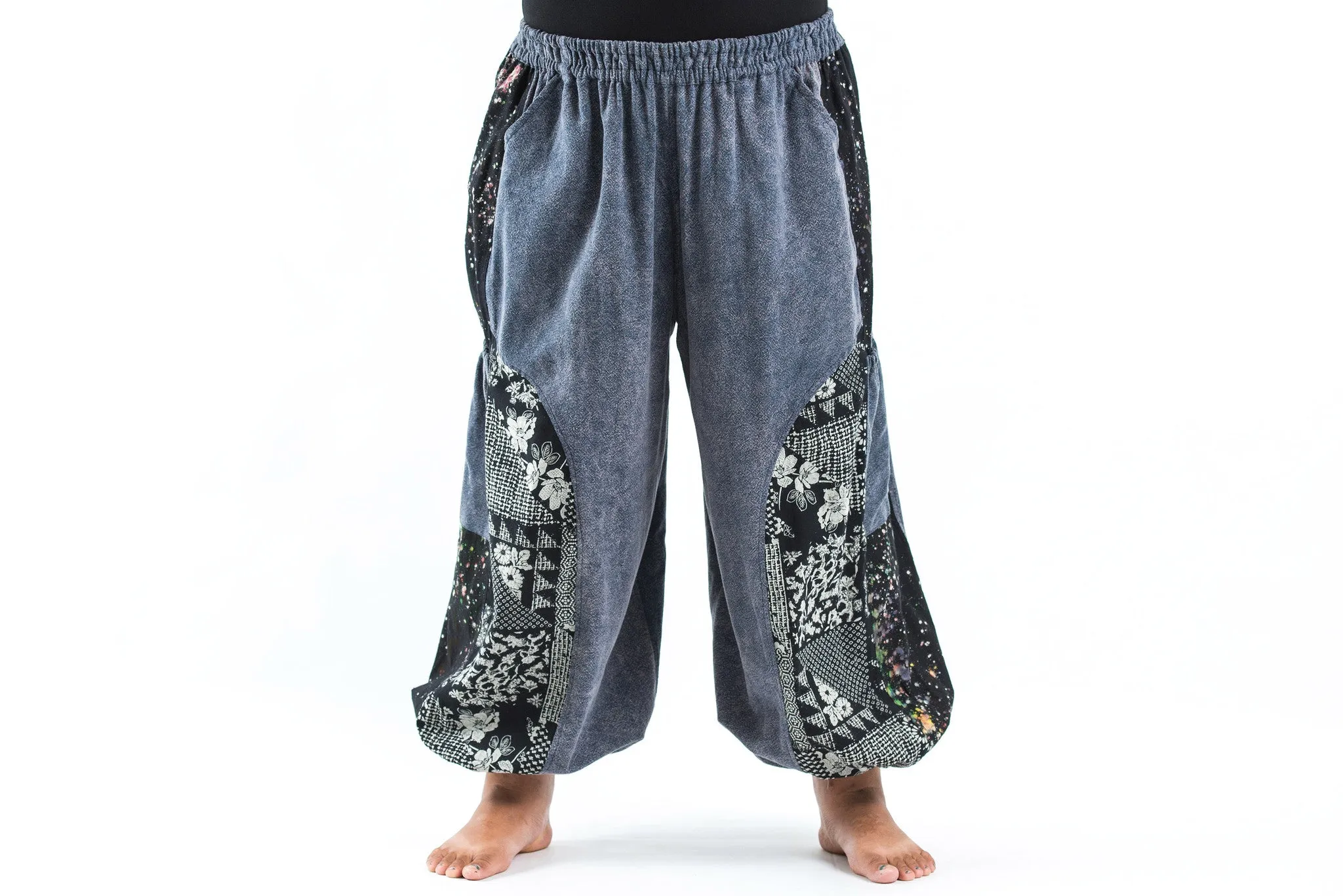 Plus Size Stone Washed Patchwork Women Unisex Pants in Gray