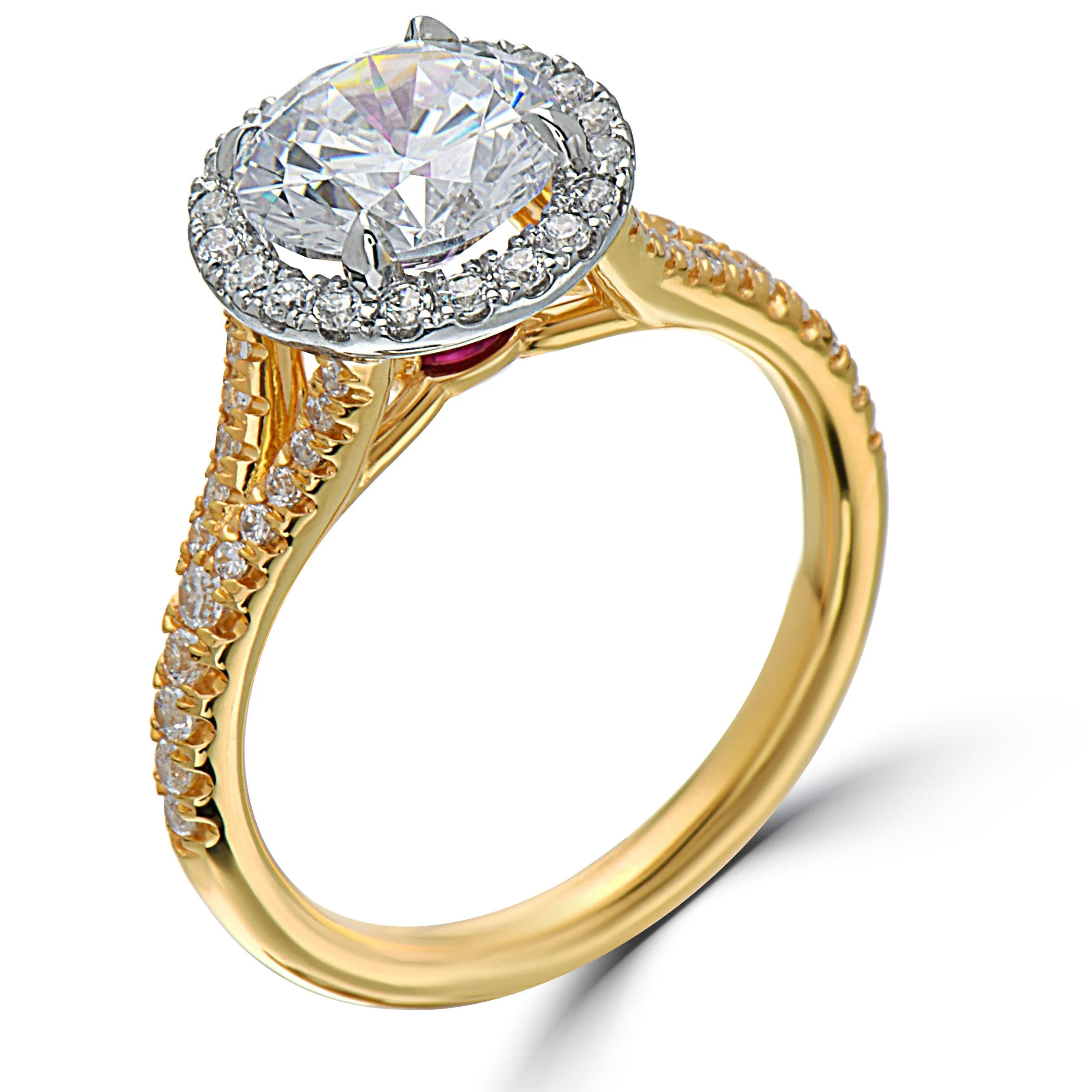 Point of Love Round Brilliant 2 Carat Diamond Halo 18K Gold Engagement Ring with Ruby