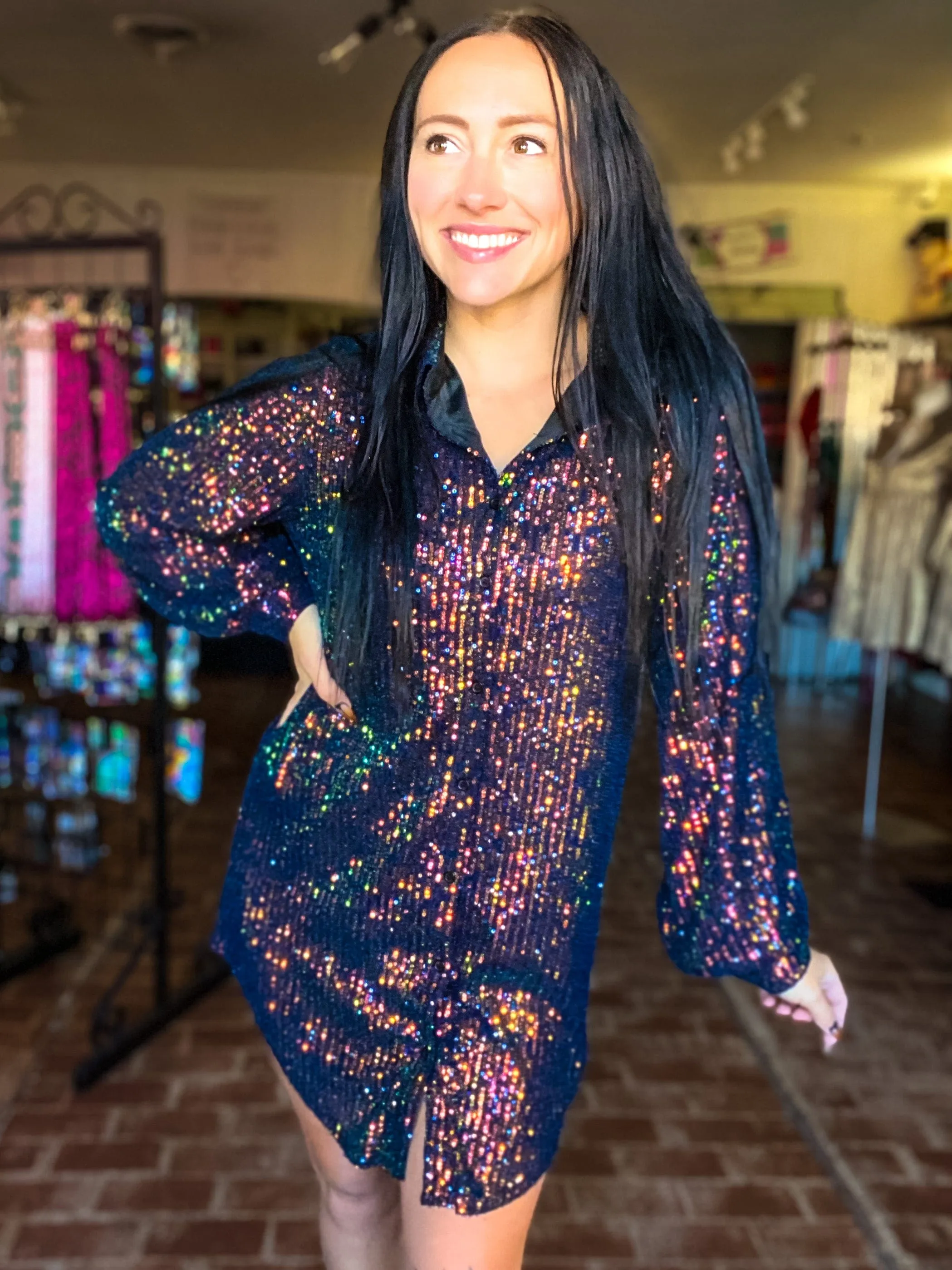 Roxi Short Sequin Shirt Dress- Hunter