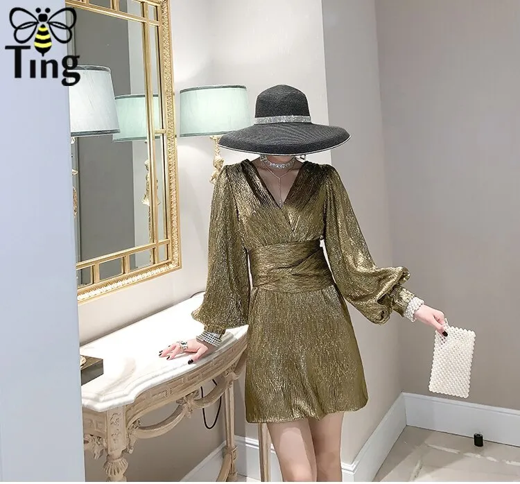 Runway Luxury Party Night Mini Dresses Sexy Deep V neck Shiny Glitter Short Dress Golden Bling Vintage Dress Trendy