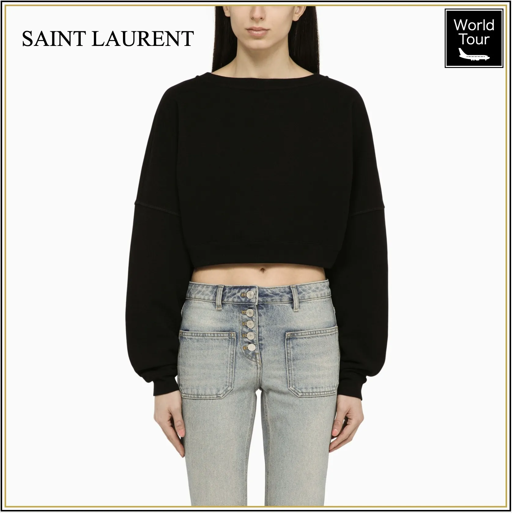 Saint Laurent  |Crew Neck Long Sleeves Plain Cotton Logo Cropped Tops