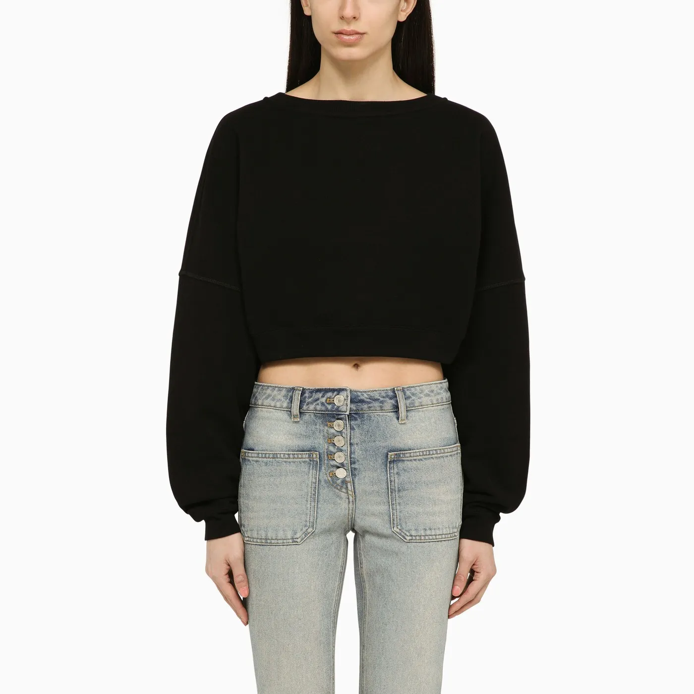 Saint Laurent  |Crew Neck Long Sleeves Plain Cotton Logo Cropped Tops