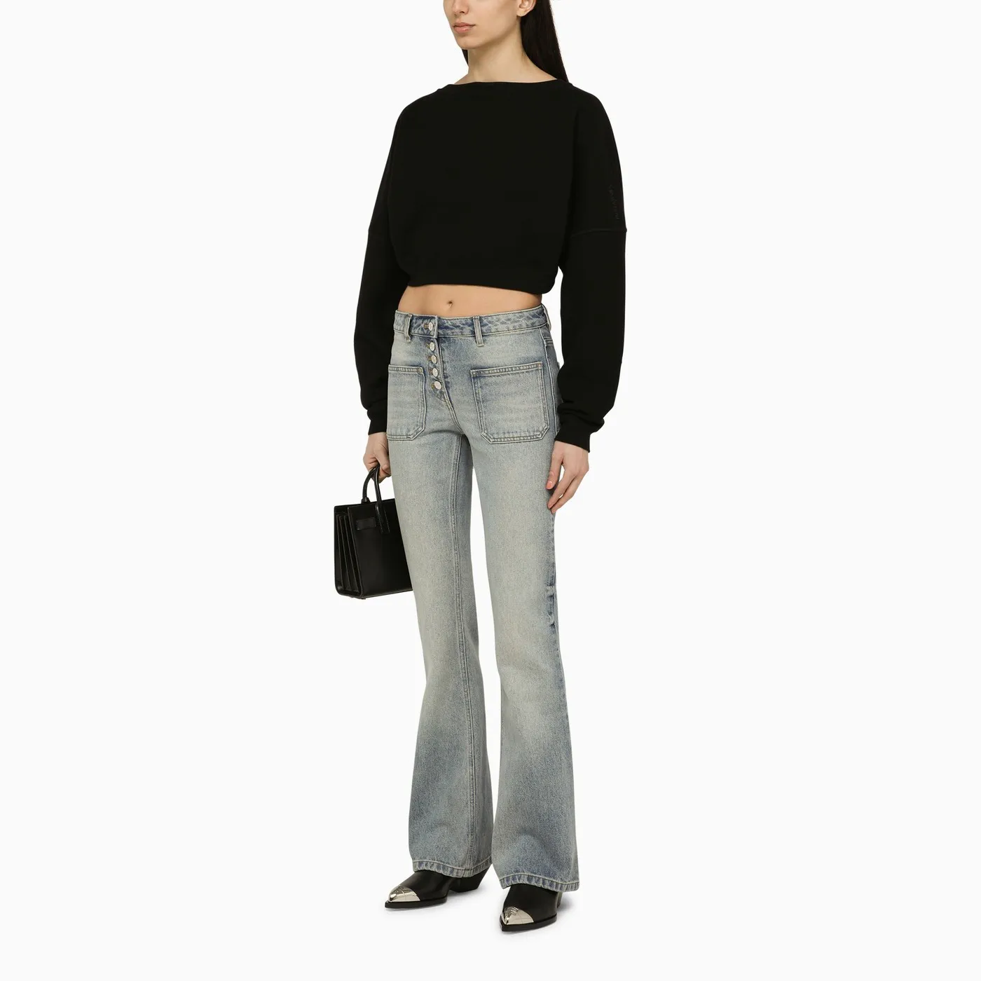 Saint Laurent  |Crew Neck Long Sleeves Plain Cotton Logo Cropped Tops