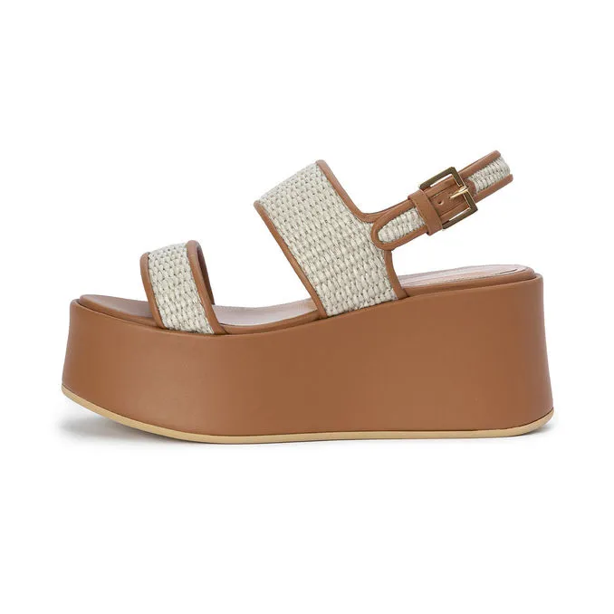 SANDAL WITH WEDGE IN RAFFIA AND LEATHER Woman Cuoio