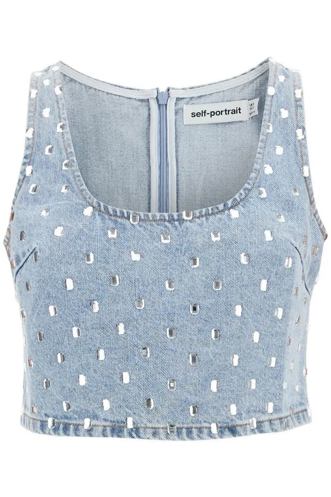 SELF PORTRAIT  |Denim Sleeveless Studded U-Neck Plain Cotton With Jewels