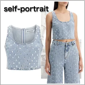 SELF PORTRAIT  |Denim Sleeveless Studded U-Neck Plain Cotton With Jewels