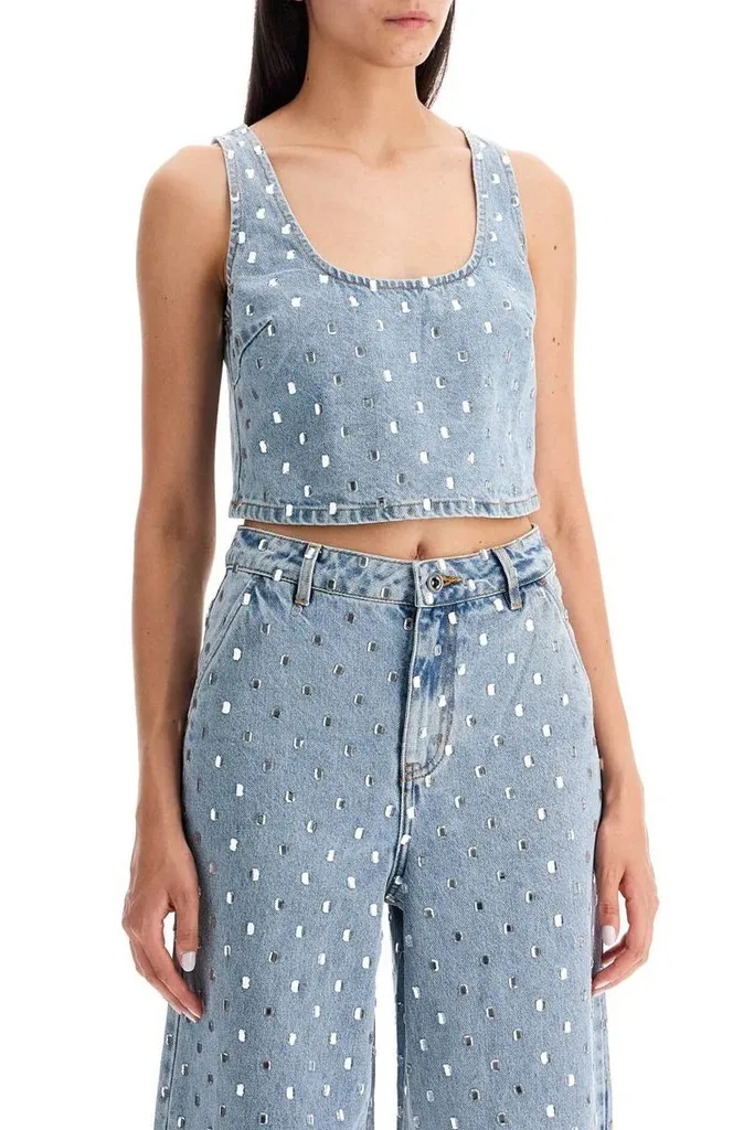 SELF PORTRAIT  |Denim Sleeveless Studded U-Neck Plain Cotton With Jewels