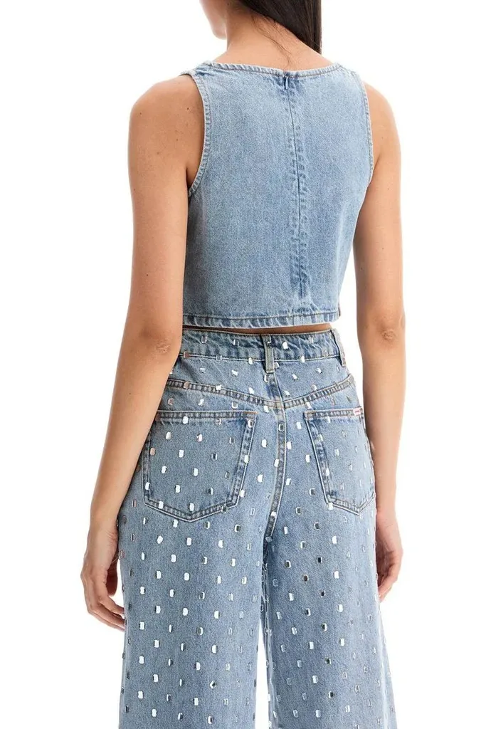 SELF PORTRAIT  |Denim Sleeveless Studded U-Neck Plain Cotton With Jewels