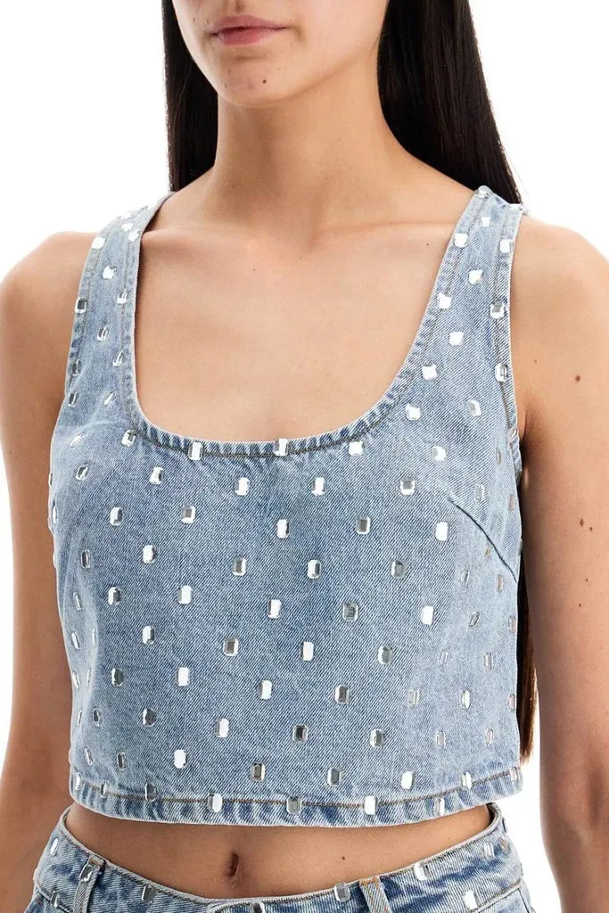 SELF PORTRAIT  |Denim Sleeveless Studded U-Neck Plain Cotton With Jewels