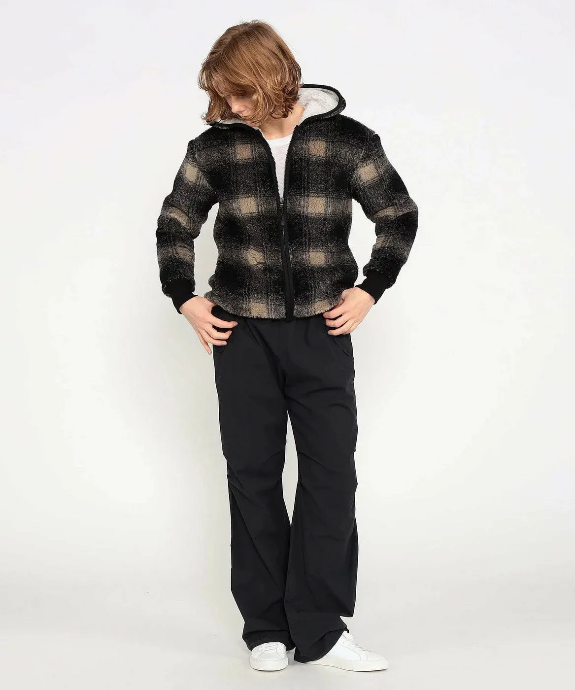 Sherpa Lined Plaid Fleece Hood-Carbon/ Black Plaid