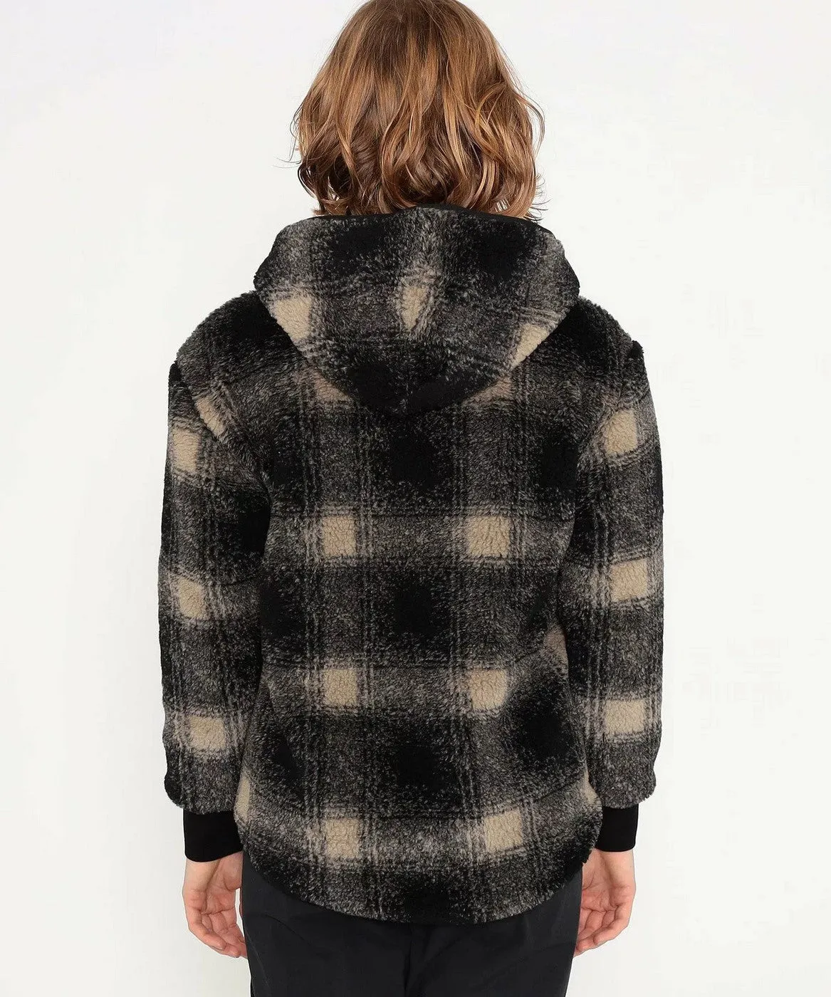 Sherpa Lined Plaid Fleece Hood-Carbon/ Black Plaid