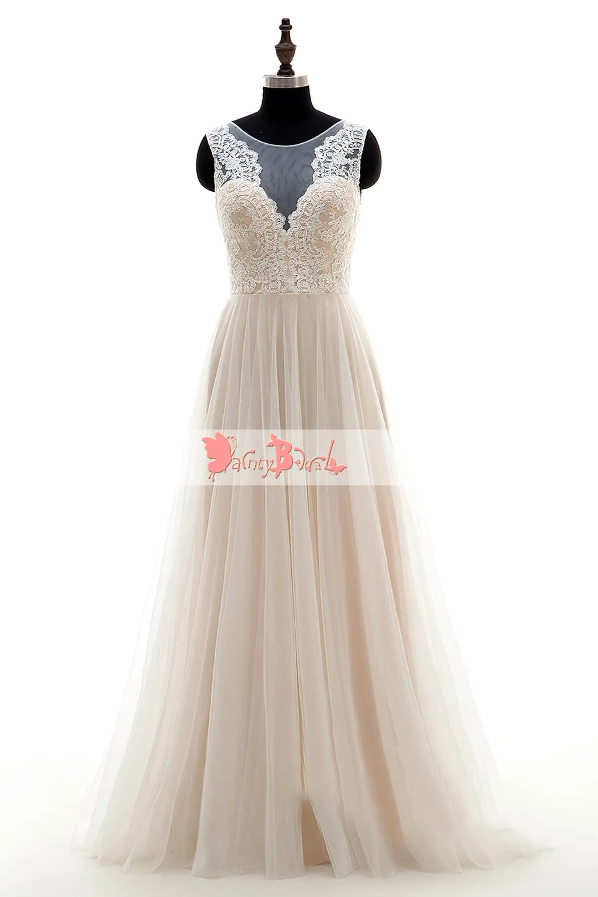 Simple Cheap Light Nude Lace Top A-line Wedding Dresses,DB0130