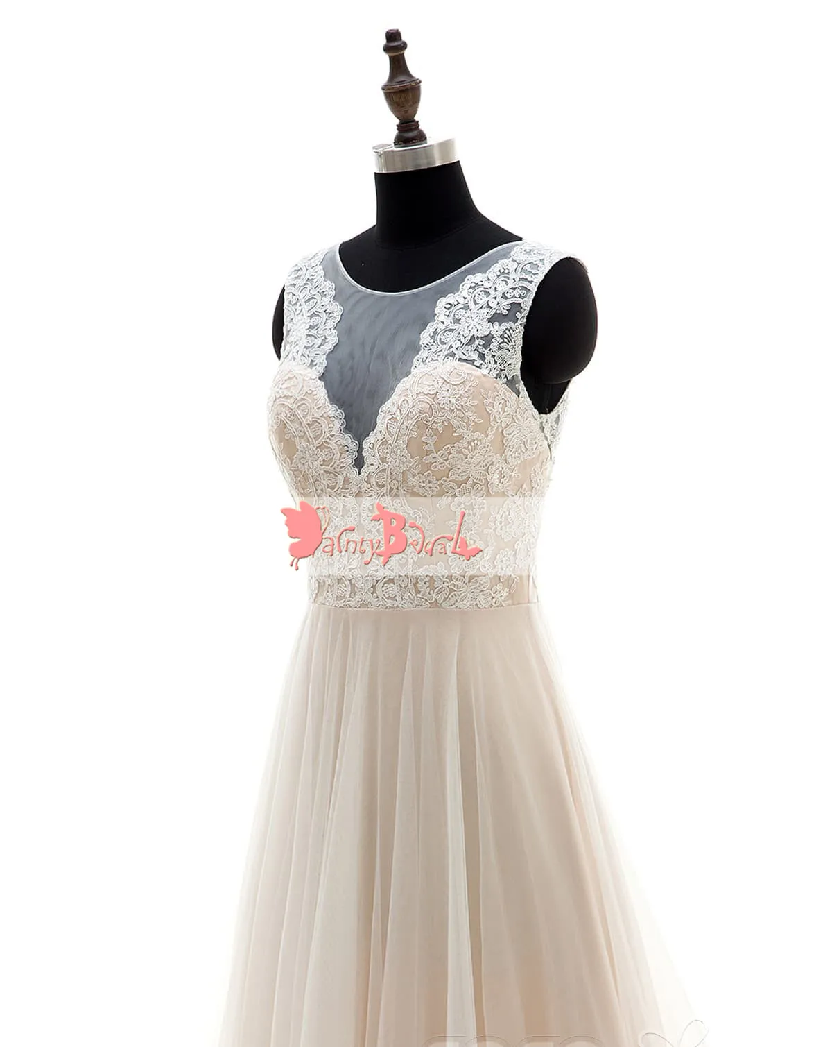 Simple Cheap Light Nude Lace Top A-line Wedding Dresses,DB0130