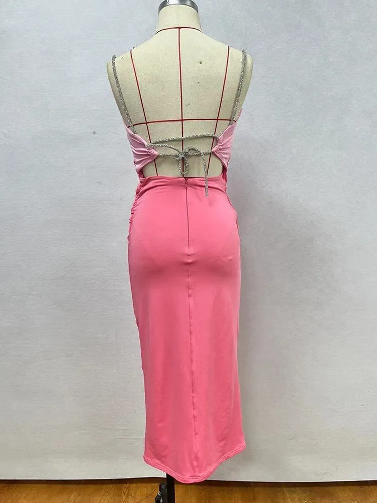 Summer Pink Rose Dresses For Women Square Collar Sleeveless High Waist Hollow Out Summer Dress Female Fashion Clothing