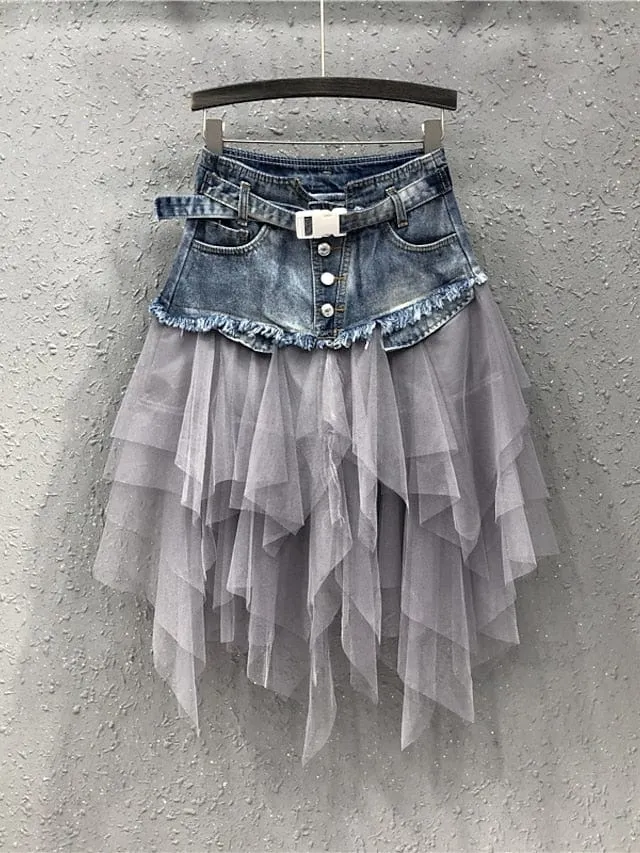 Swing Style Women's Tulle Denim Skirt with Belt in Black and Light Blue Sizes S M L