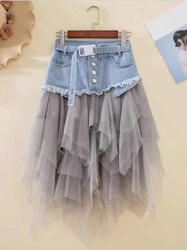 Swing Style Women's Tulle Denim Skirt with Belt in Black and Light Blue Sizes S M L