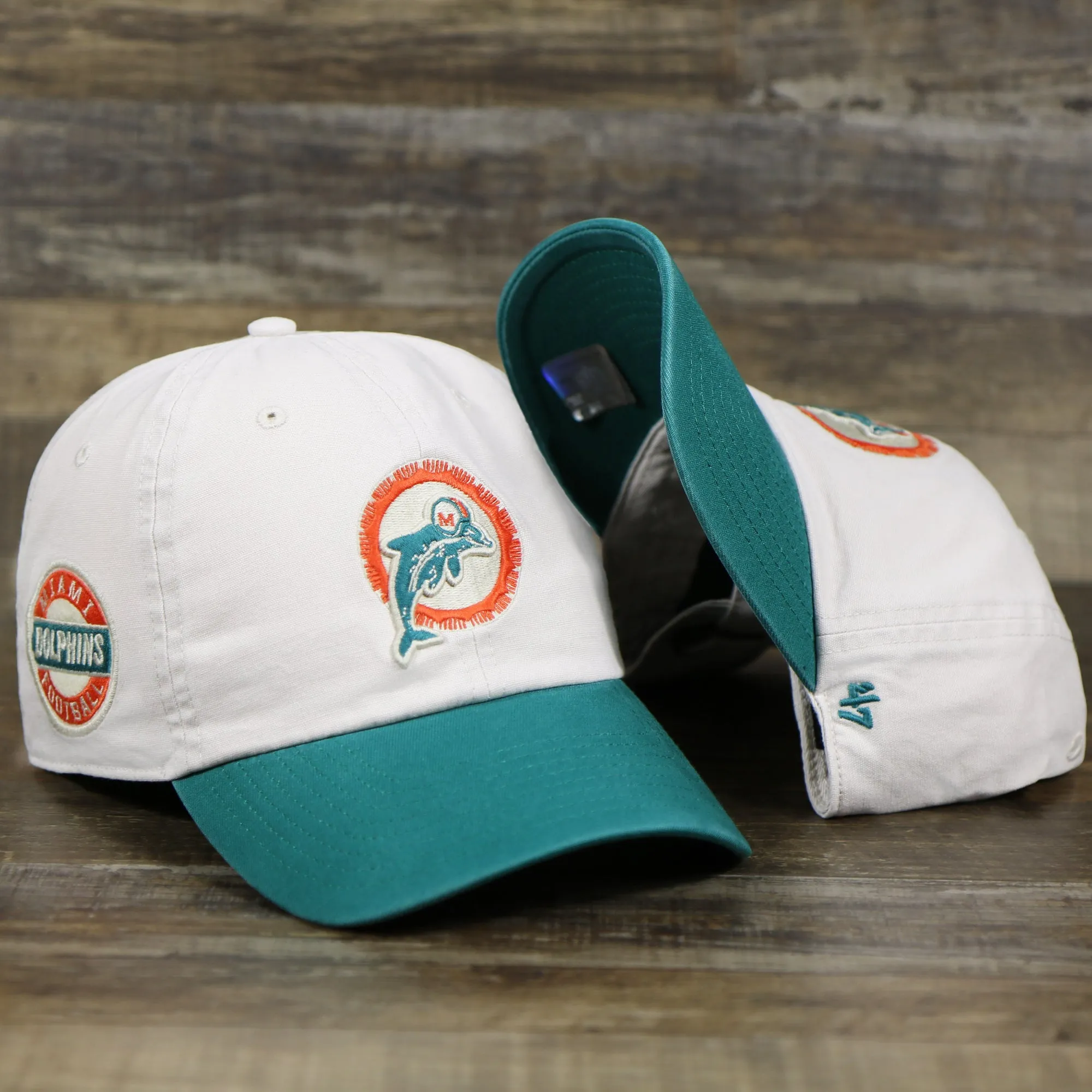 Throwback Miami Dolphins NFL Wordmark Side Patch Legacy Dad Hat | Bone Dad Hat