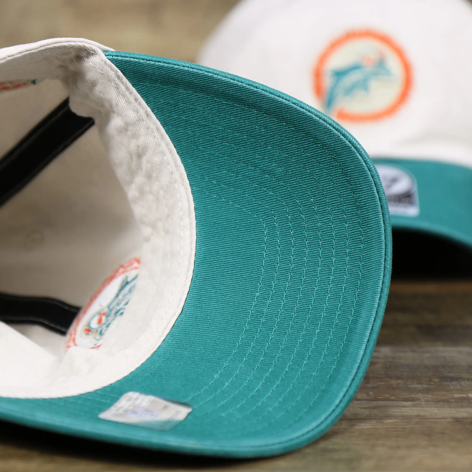 Throwback Miami Dolphins NFL Wordmark Side Patch Legacy Dad Hat | Bone Dad Hat