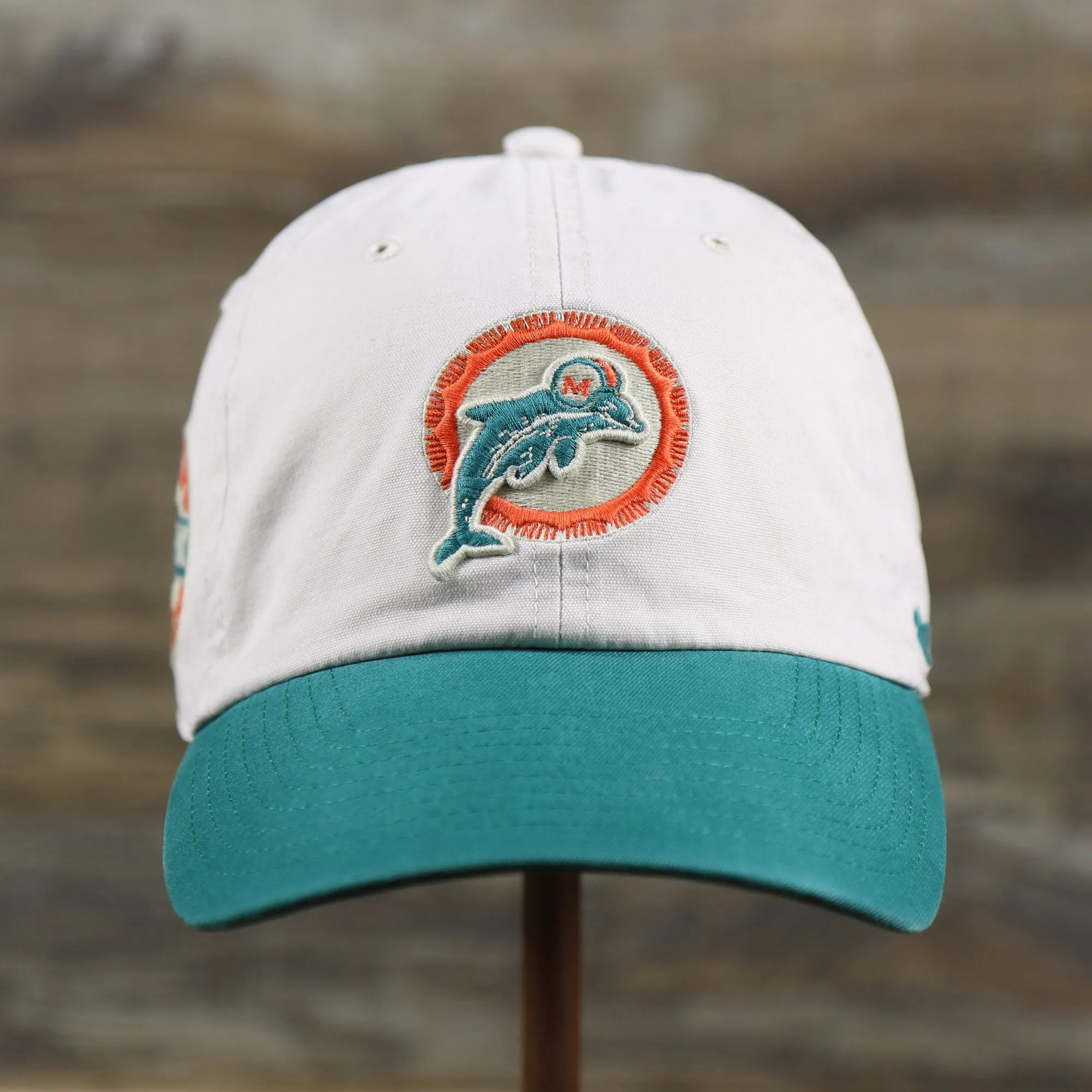 Throwback Miami Dolphins NFL Wordmark Side Patch Legacy Dad Hat | Bone Dad Hat