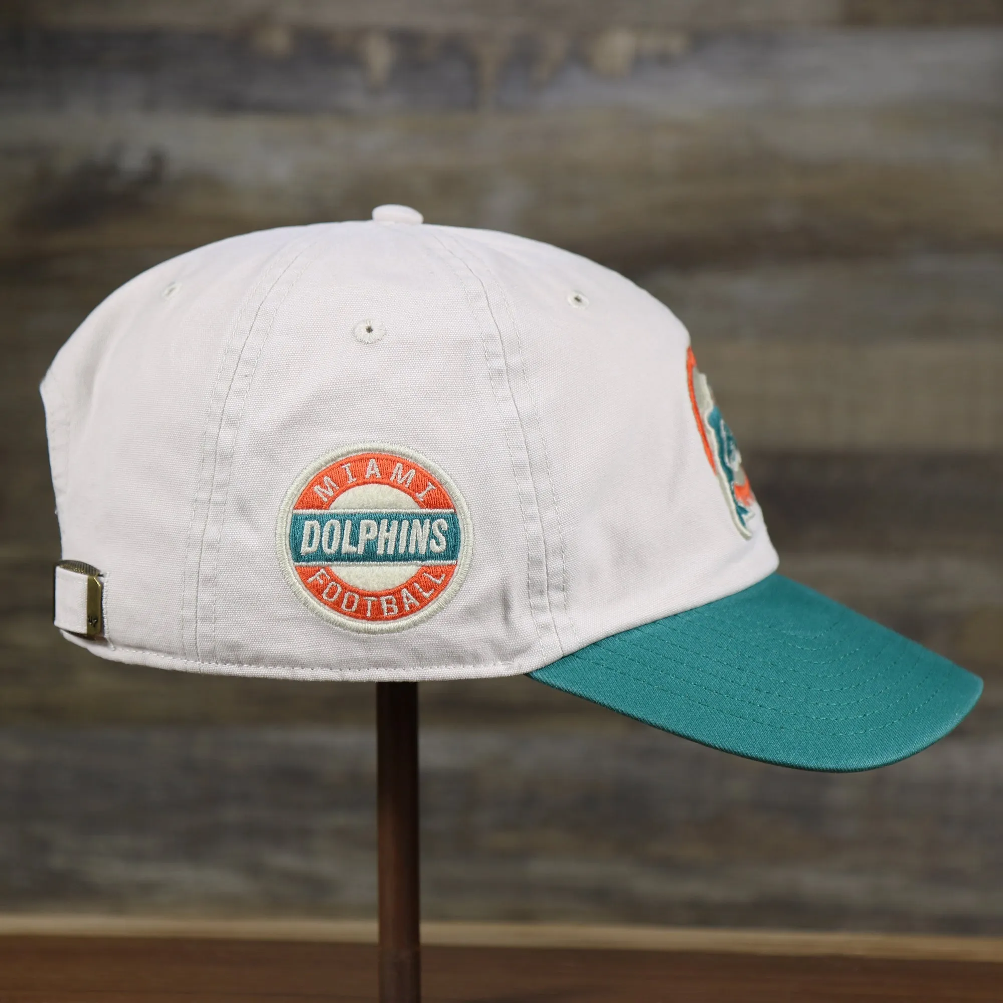 Throwback Miami Dolphins NFL Wordmark Side Patch Legacy Dad Hat | Bone Dad Hat