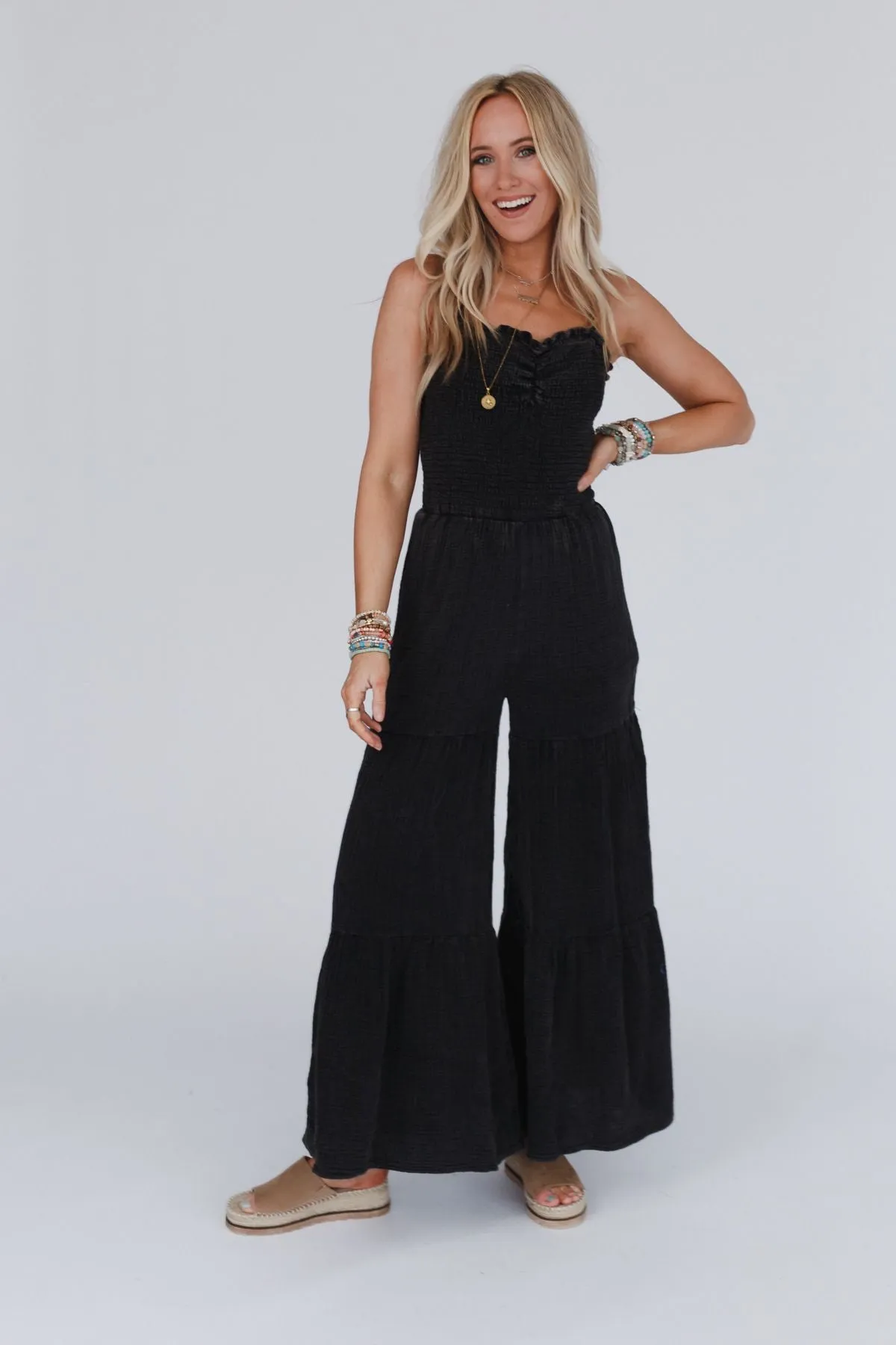 To The Sky Smocked Wide Leg Jumpsuit - Black