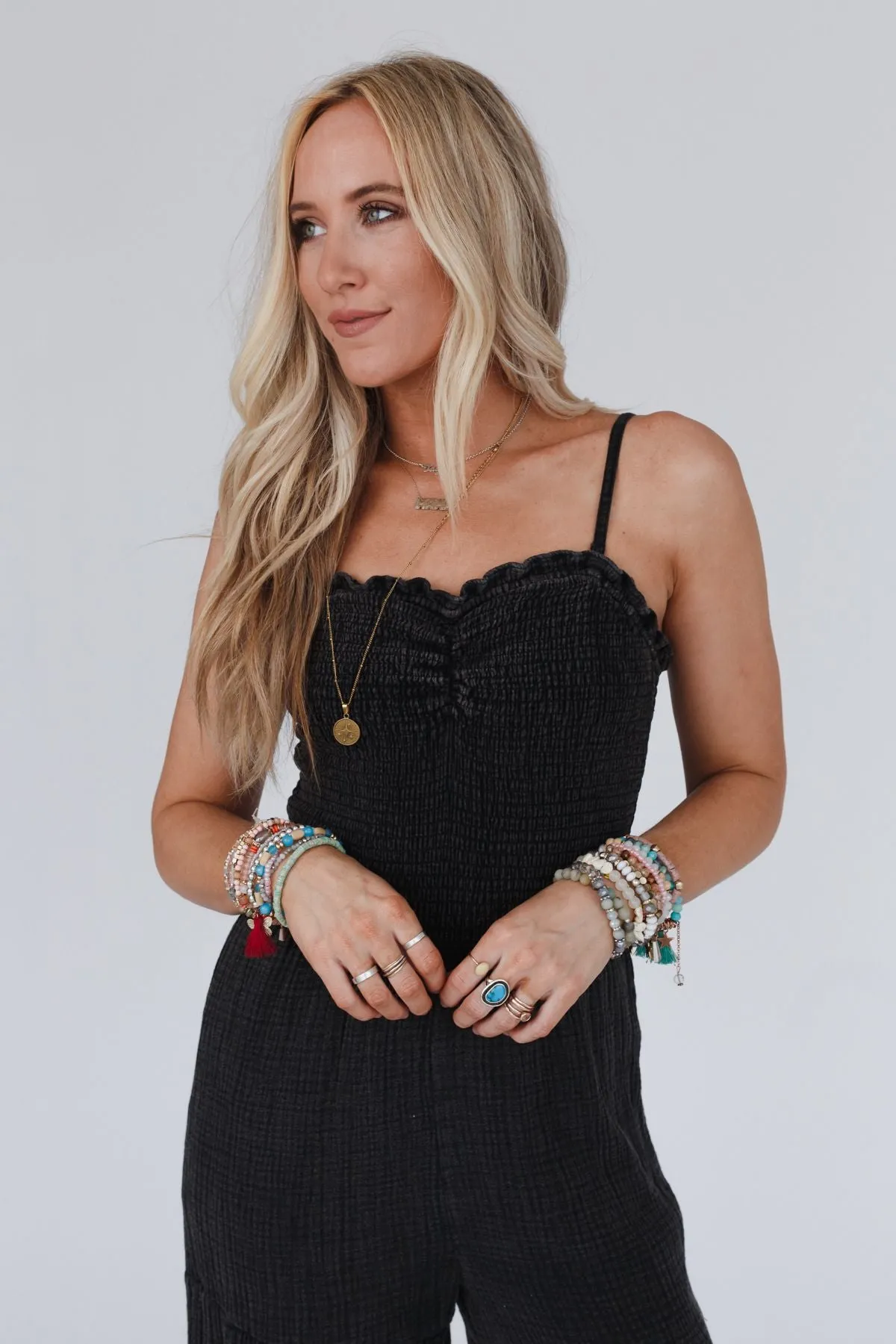 To The Sky Smocked Wide Leg Jumpsuit - Black