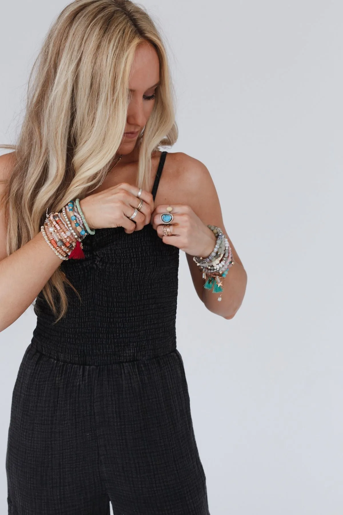 To The Sky Smocked Wide Leg Jumpsuit - Black