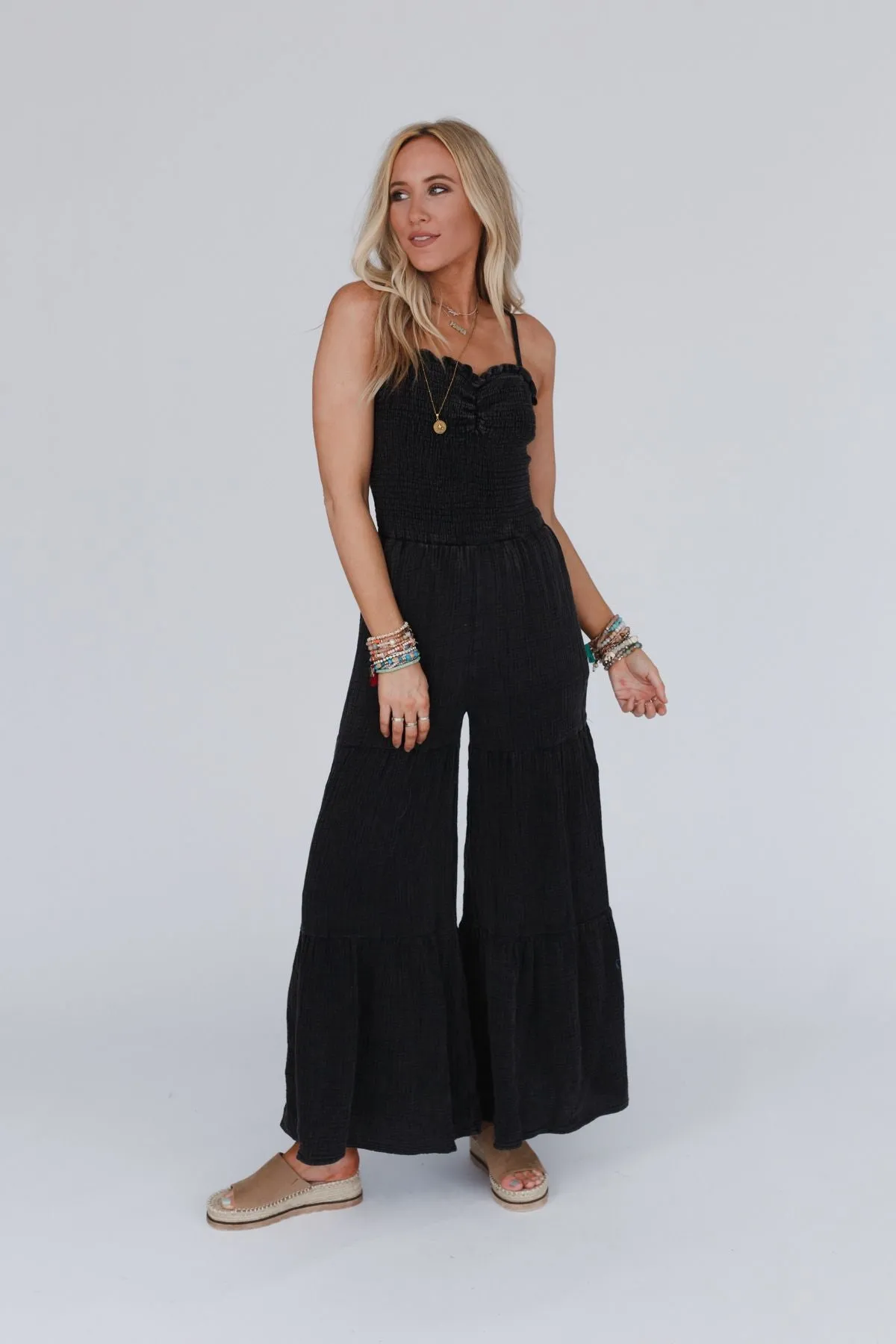 To The Sky Smocked Wide Leg Jumpsuit - Black