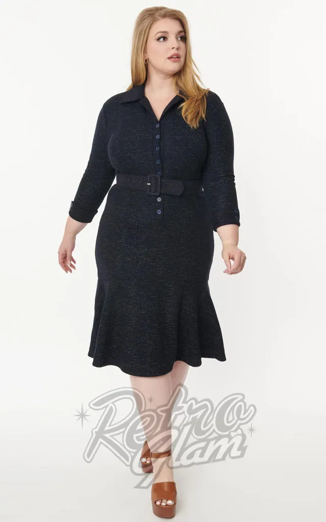 Unique Vintage Hildy Pencil Dress in Navy Blue Tweed - 1XL & 2XL left only