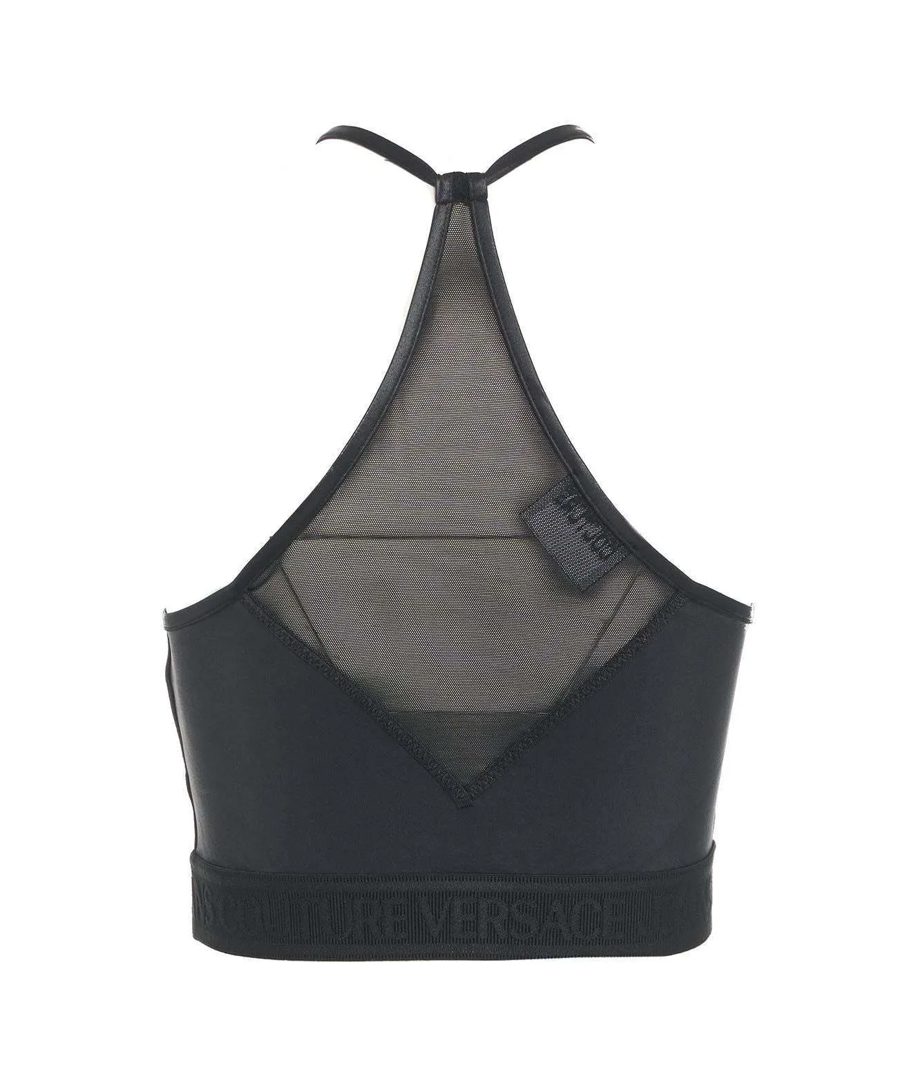 VERSACE  |Casual Style Nylon Halter Neck Logo Sheer Cropped Tops