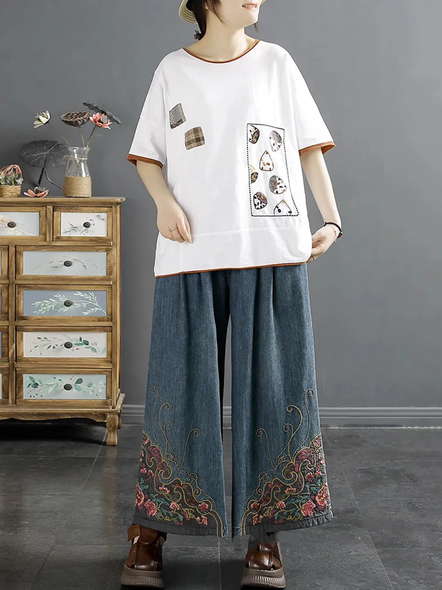 Women Vintage Summer Embroidery Wide-leg Denim Pants CO1050