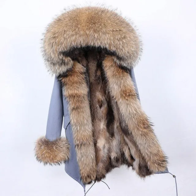 Women's Jacket with Contrast Natural Raccoon Fur in Collar Hood and Sleeves