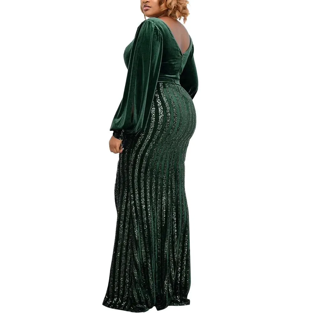 Women's Sequin Long Lantern Sleeve Backless Hollow Out Split Maxi Dress